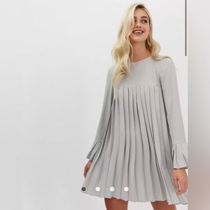 ASOS DESIGN pleated trapeze mini dress with long sleeves in grey